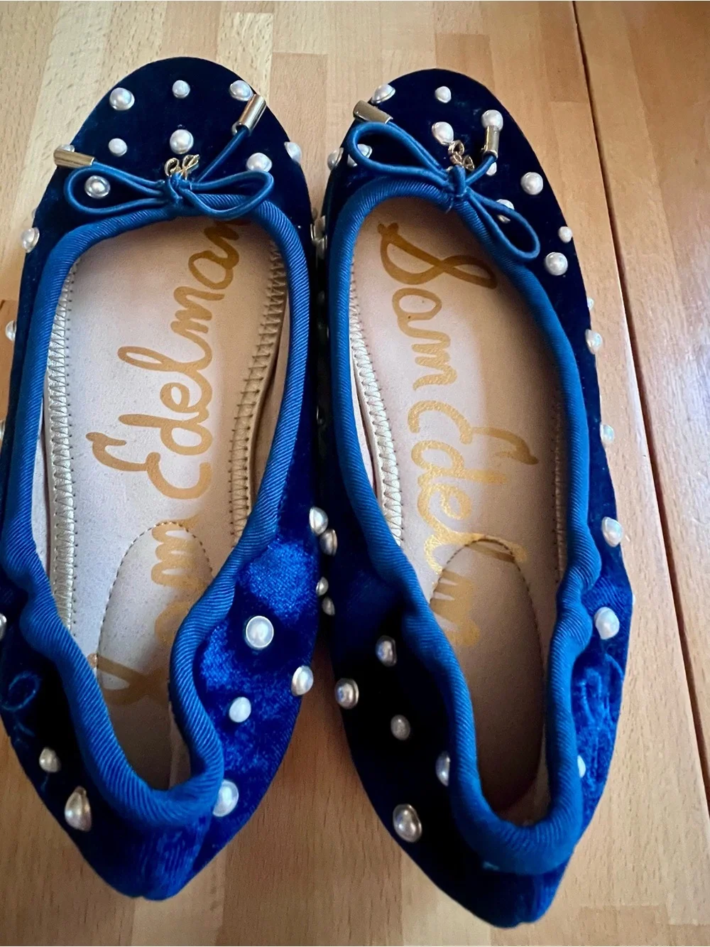 Sam Edelman Deep Teal Velvet Pearl-Embellished Ballet Flats Sz 3K/4.5W